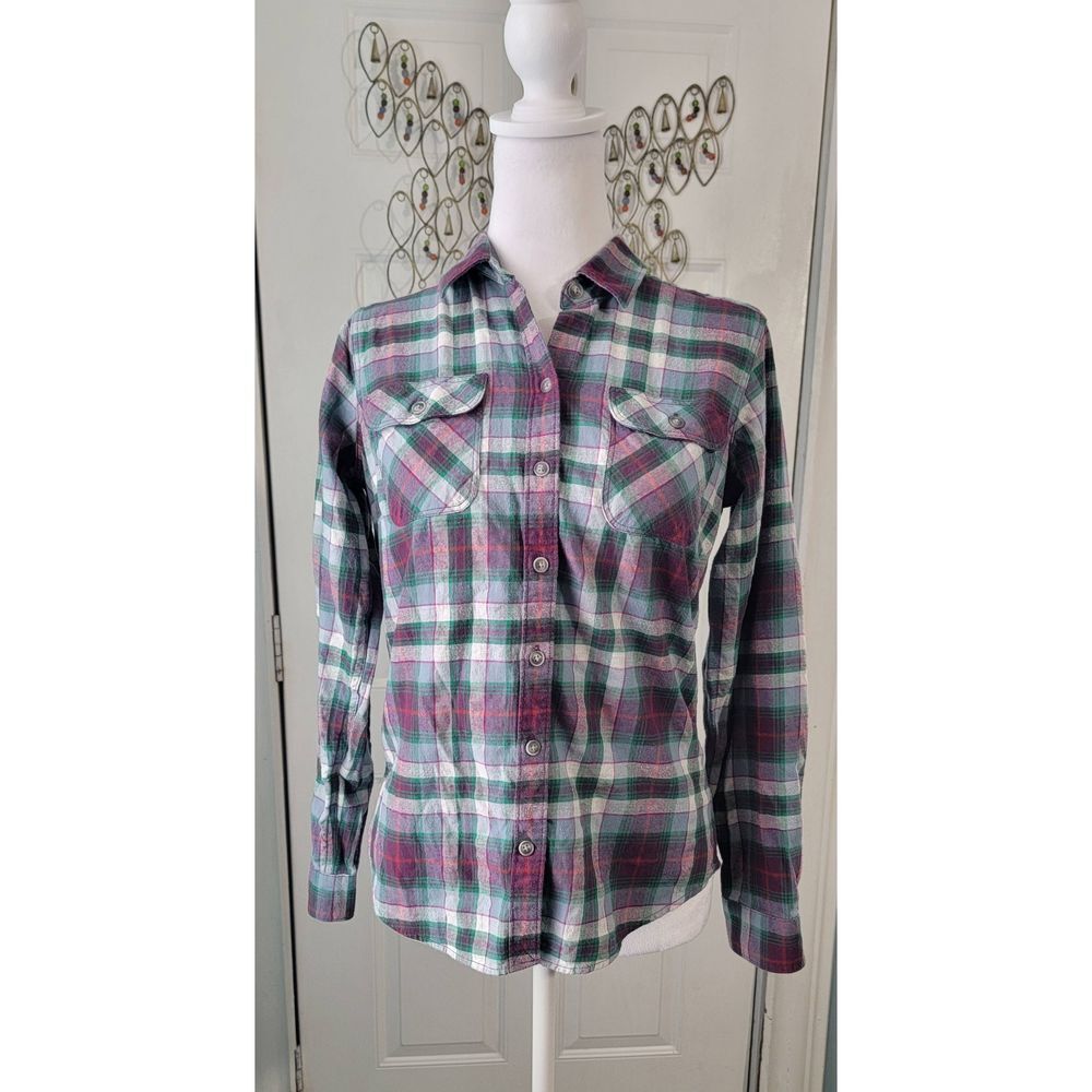 Eddie Bauer Button Down Flannel Women's S Petie Plaid Purple & Green 100% Cotton